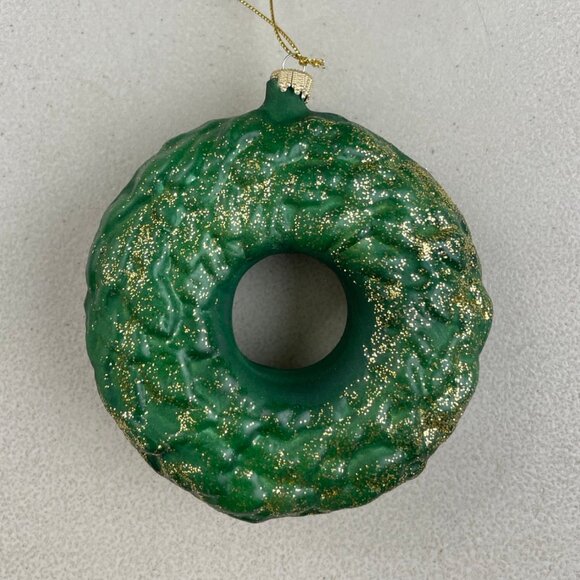 Christmas Wreath Ornament NEW Glass Gold Glitter Bells Holiday 3D Donut Shape - Picture 3 of 3